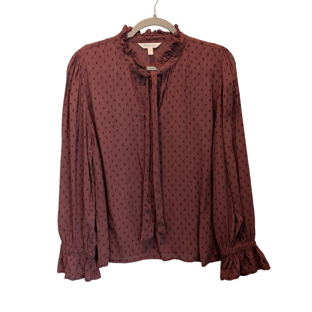 Garnet Hill Sz L Mauve Zoe Tie Neck Swiss Dot Ruffle Collar Long Sleeve Blouse
